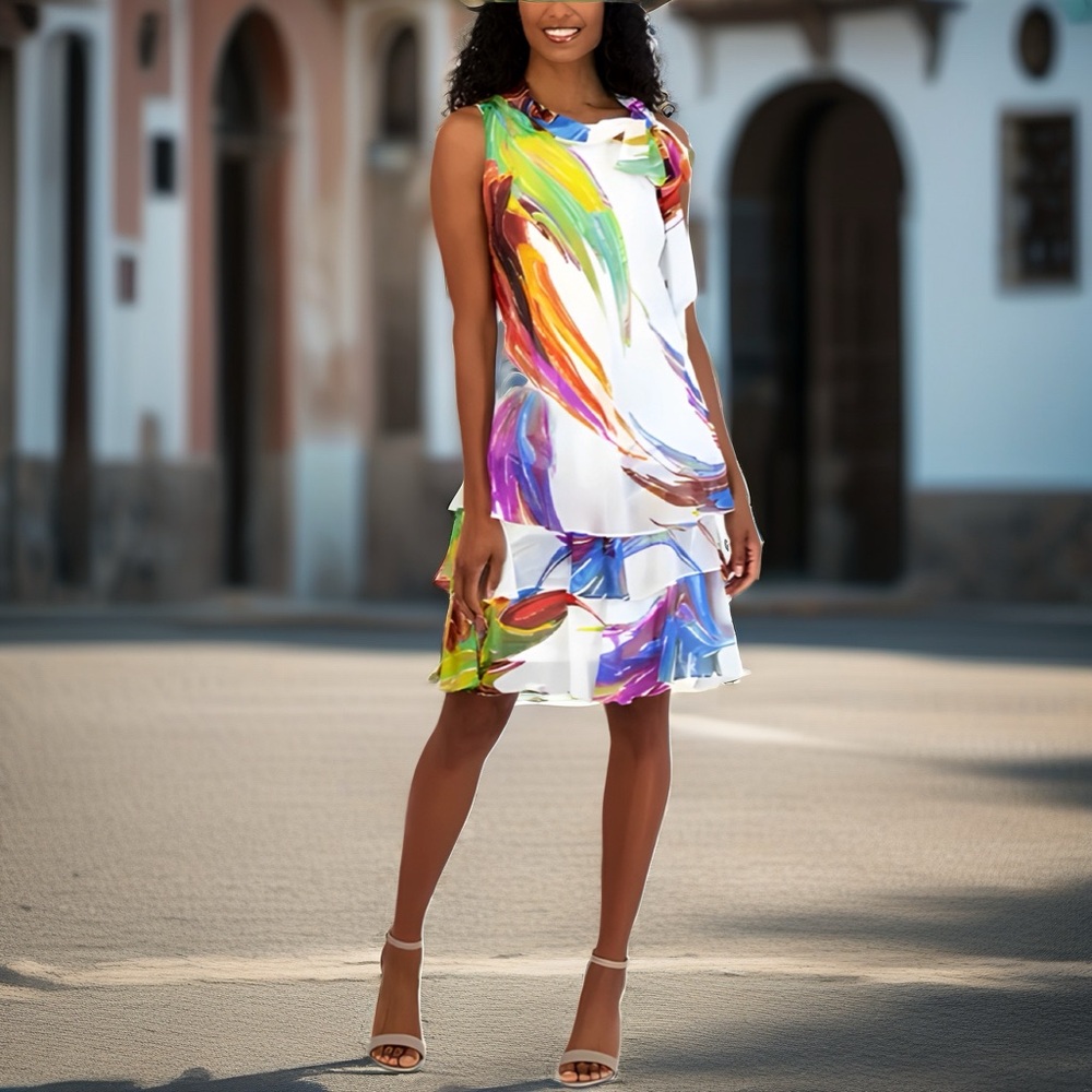 Robbie Bee Printed Tie-Neck Tiered-Hem Dress Size 6P